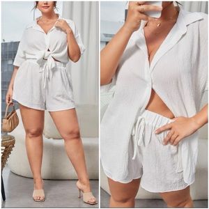 SHEIN Frenchy Textured Button Front Blouse & Tie Front Shorts